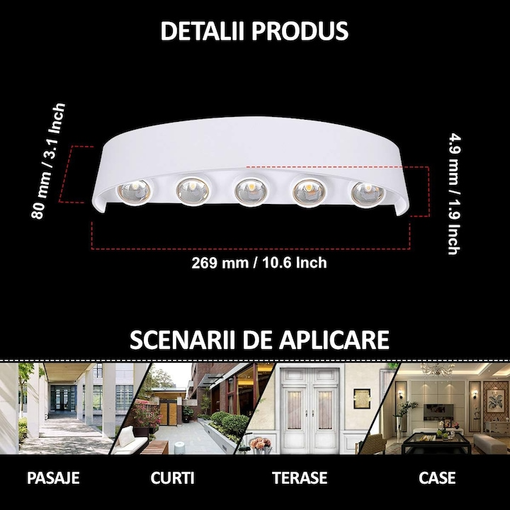 Aplica LED de perete, NEXTLY, 10 Leduri, lumina sus si jos, iluminat exterior si interior, 10W, 3000K, lumina calda, IP65, aluminiu, alb