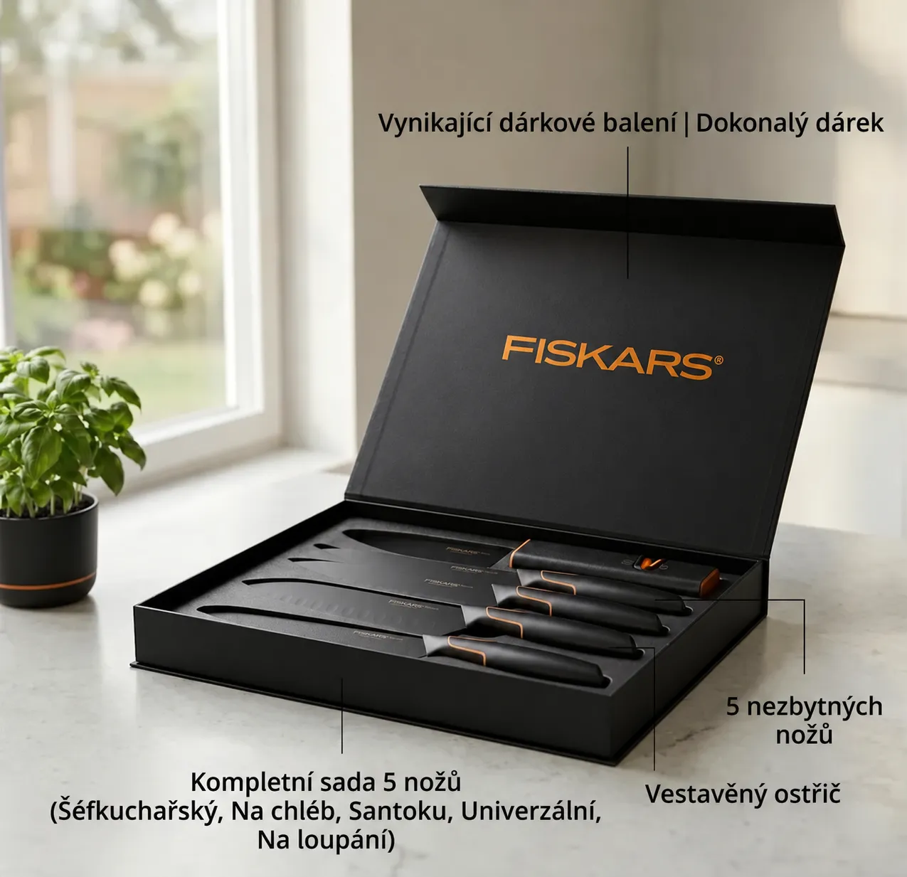 👩‍🍳👩‍🍳Limitovaná edice: 5dílná sada nožů FISKARS® (s držákem na nože) – řada FISKARS EDGE, ostré kuchyňské nože + ořezávátko🔪🔪