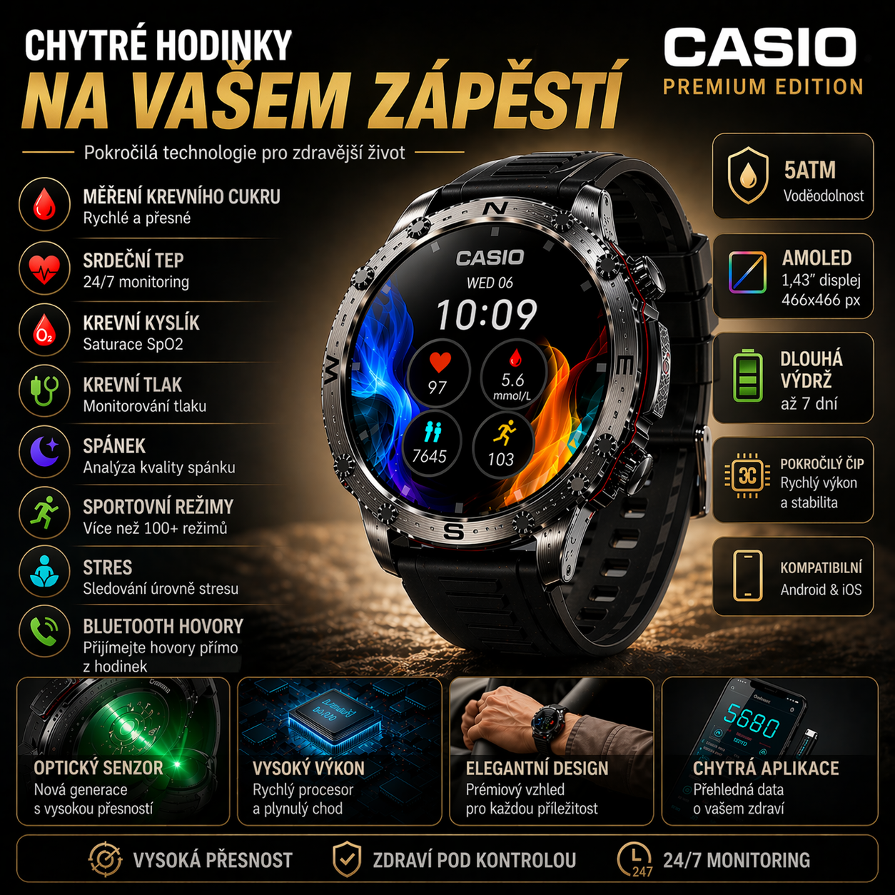 💫 Chytré hodinky CASIO AI z roku 2026 – EKG, hladina cukru v krvi, hladina lipidů v krvi, měření kyseliny močové a vždy s vámi: Doma, v práci, na cestách ⏱️