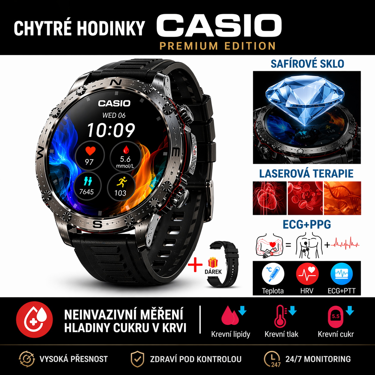 💫 Chytré hodinky CASIO AI z roku 2026 – EKG, hladina cukru v krvi, hladina lipidů v krvi, měření kyseliny močové a vždy s vámi: Doma, v práci, na cestách ⏱️