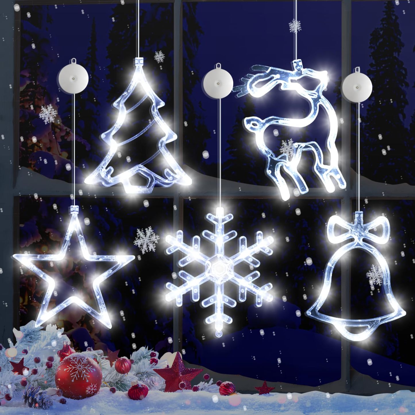🎅5 bucăți de decorațiuni pentru fereastră de Crăciun, agățat cu baterii de Crăciun, fulg de zăpadă iluminat alb, stea, clopoței cu LED, pentru decorarea interioară a ferestrei din șemineu pentru pomul de Crăciun