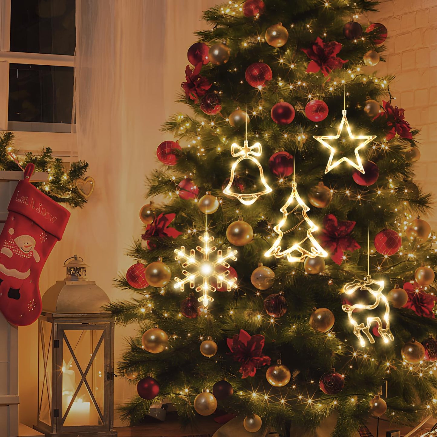 🎅5 bucăți decorațiuni pentru fereastră de Crăciun, agățat de Crăciun alimentat cu baterie, fulg de zăpadă, cu lumină albă, stea, clopoței, LED, pentru decorarea interioară a șemineului pentru pomul de Crăciun