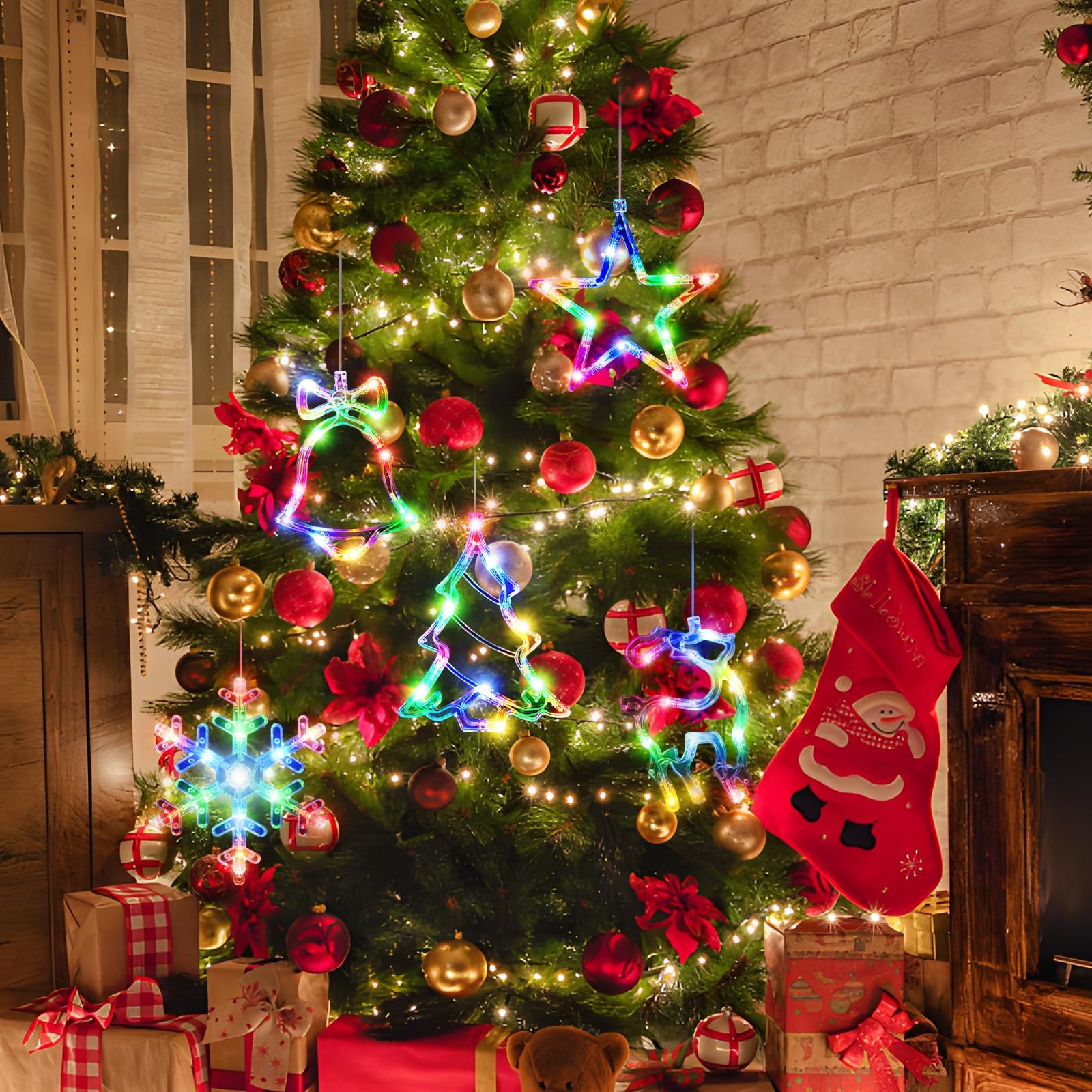 🎅5 bucăți decorațiuni pentru fereastră de Crăciun, agățat de Crăciun alimentat cu baterie, fulg de zăpadă iluminat multicolor, copac, stea, clopote, cu LED, pentru decorarea interioară a șemineului pentru pomul de Crăciun