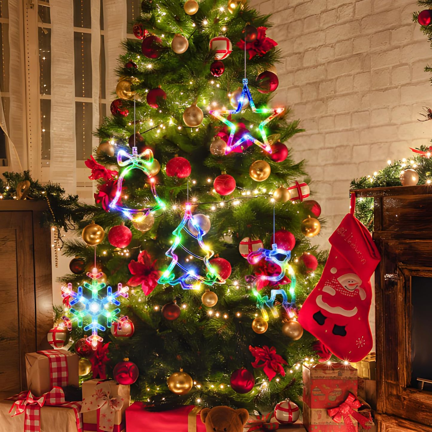 🎅5 bucăți decorațiuni pentru fereastră de Crăciun, agățat de Crăciun alimentat cu baterie, fulg de zăpadă iluminat multicolor, copac, stea, clopote, cu LED, pentru decorarea interioară a șemineului pentru pomul de Crăciun