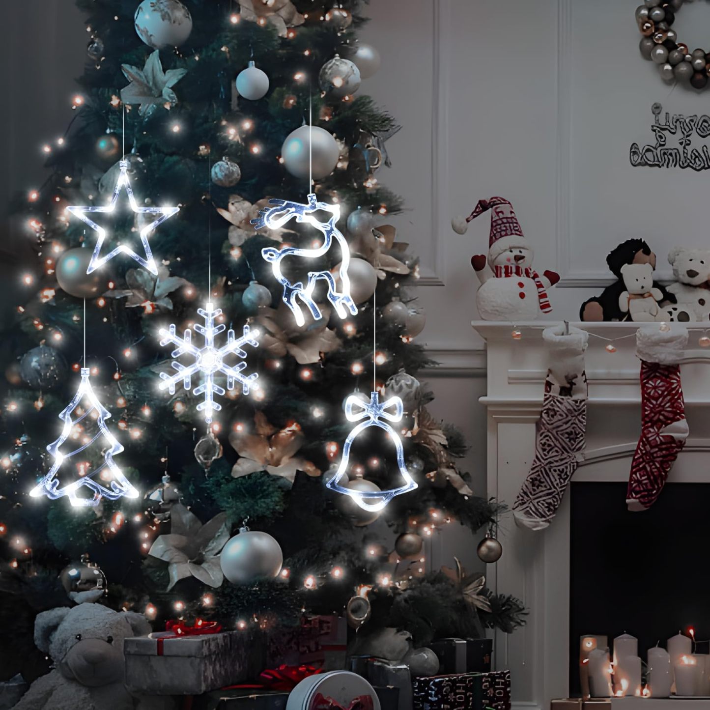 🎅5 bucăți de decorațiuni pentru fereastră de Crăciun, agățat cu baterii de Crăciun, fulg de zăpadă iluminat alb, stea, clopoței cu LED, pentru decorarea interioară a ferestrei din șemineu pentru pomul de Crăciun