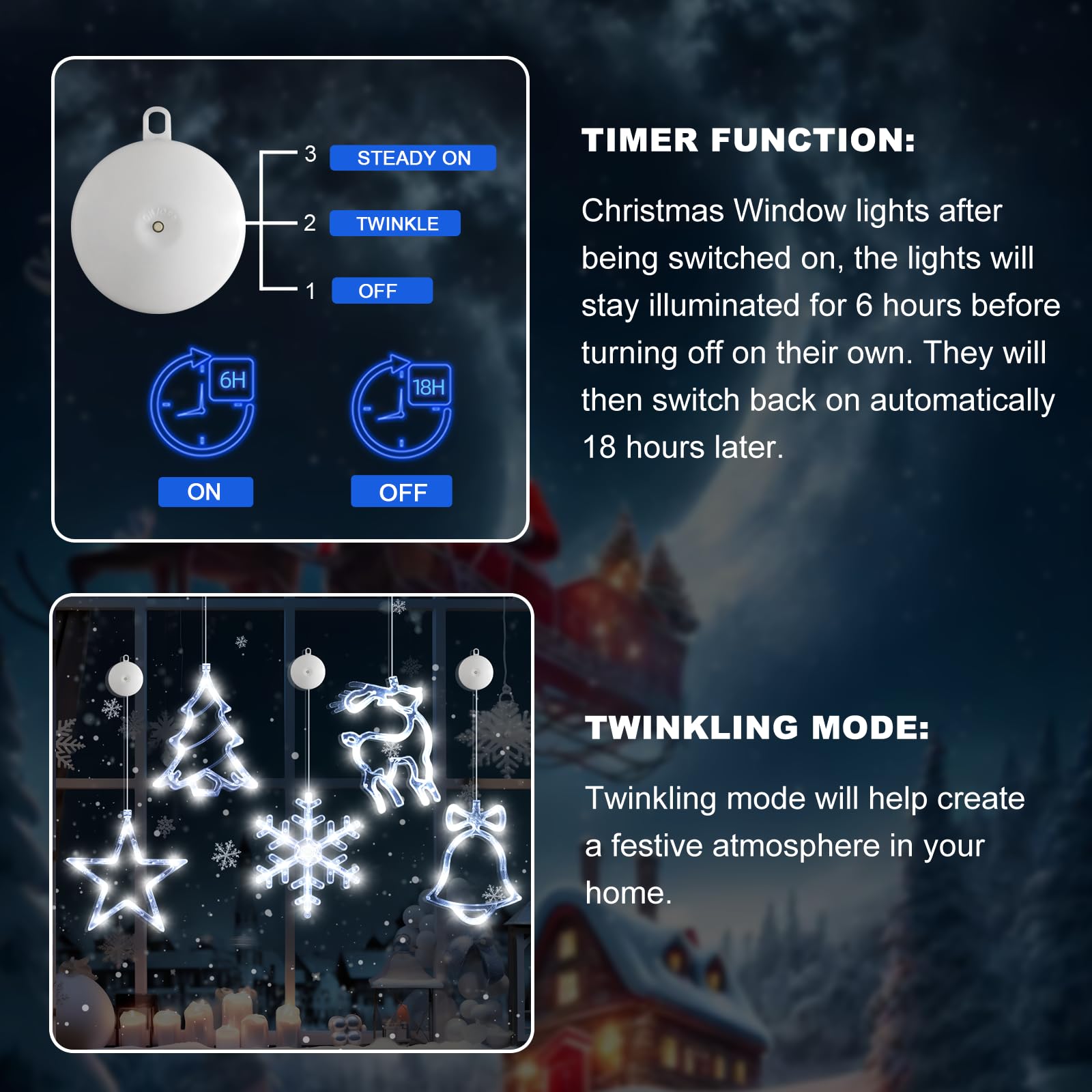 🎅5 bucăți de decorațiuni pentru fereastră de Crăciun, agățat cu baterii de Crăciun, fulg de zăpadă iluminat alb, stea, clopoței cu LED, pentru decorarea interioară a ferestrei din șemineu pentru pomul de Crăciun