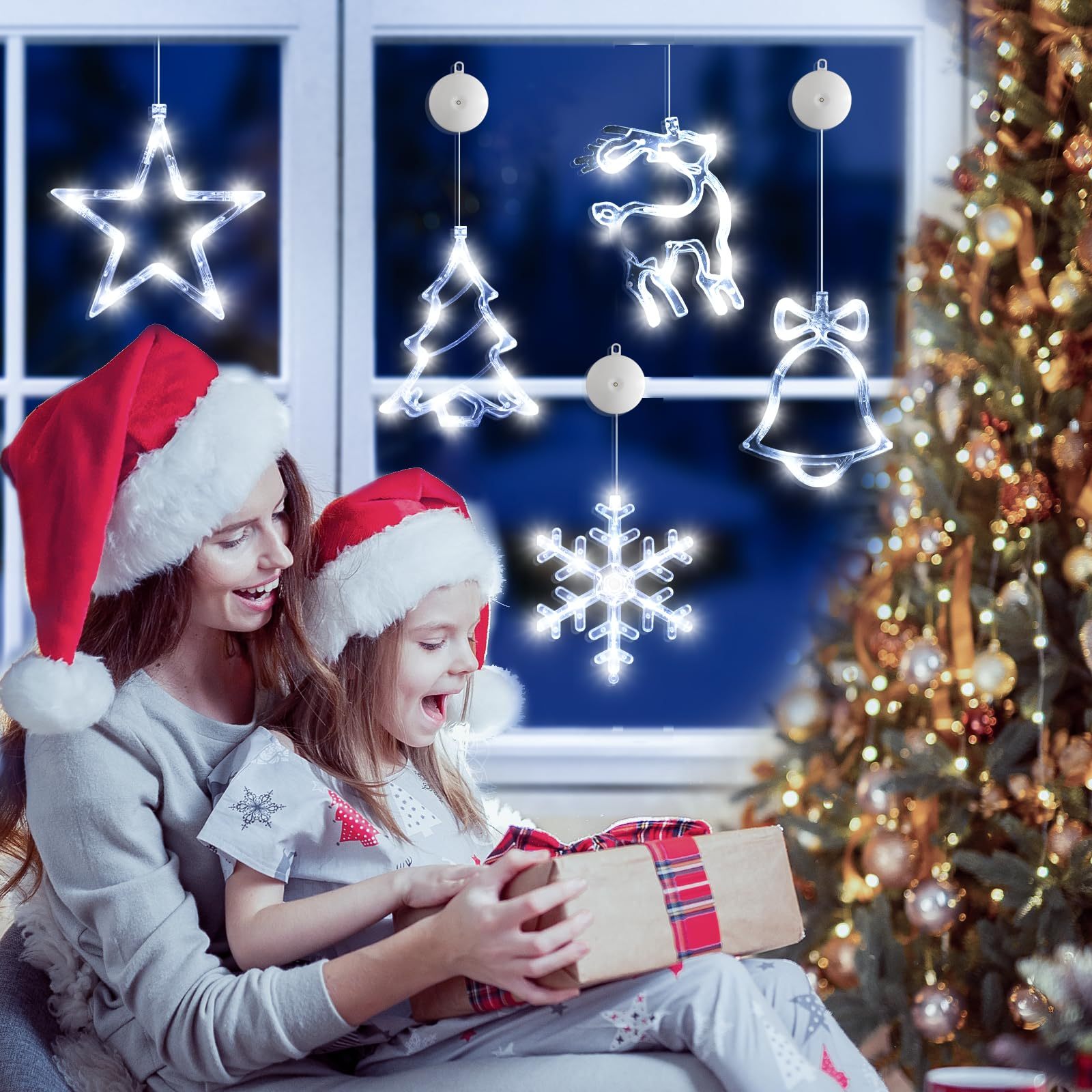 🎅5 bucăți de decorațiuni pentru fereastră de Crăciun, agățat cu baterii de Crăciun, fulg de zăpadă iluminat alb, stea, clopoței cu LED, pentru decorarea interioară a ferestrei din șemineu pentru pomul de Crăciun