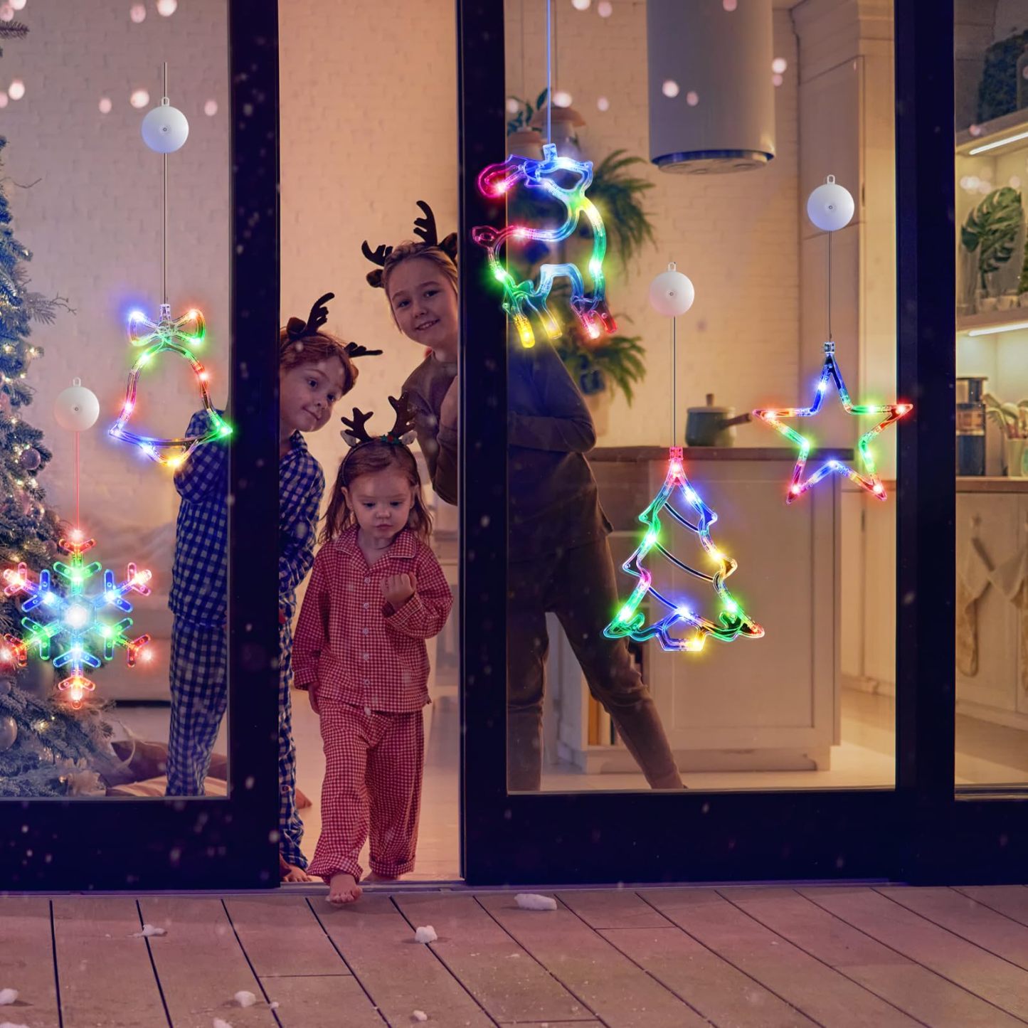 🎅5 bucăți decorațiuni pentru fereastră de Crăciun, agățat de Crăciun alimentat cu baterie, fulg de zăpadă iluminat multicolor, copac, stea, clopote, cu LED, pentru decorarea interioară a șemineului pentru pomul de Crăciun