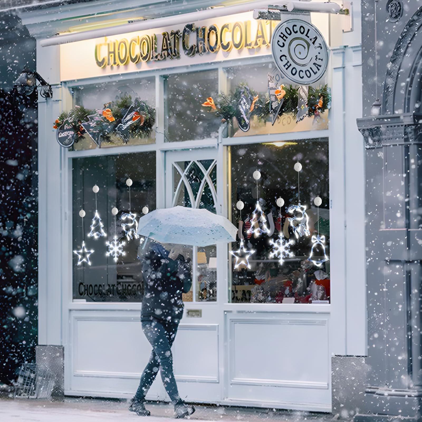 🎅5 bucăți de decorațiuni pentru fereastră de Crăciun, agățat cu baterii de Crăciun, fulg de zăpadă iluminat alb, stea, clopoței cu LED, pentru decorarea interioară a ferestrei din șemineu pentru pomul de Crăciun