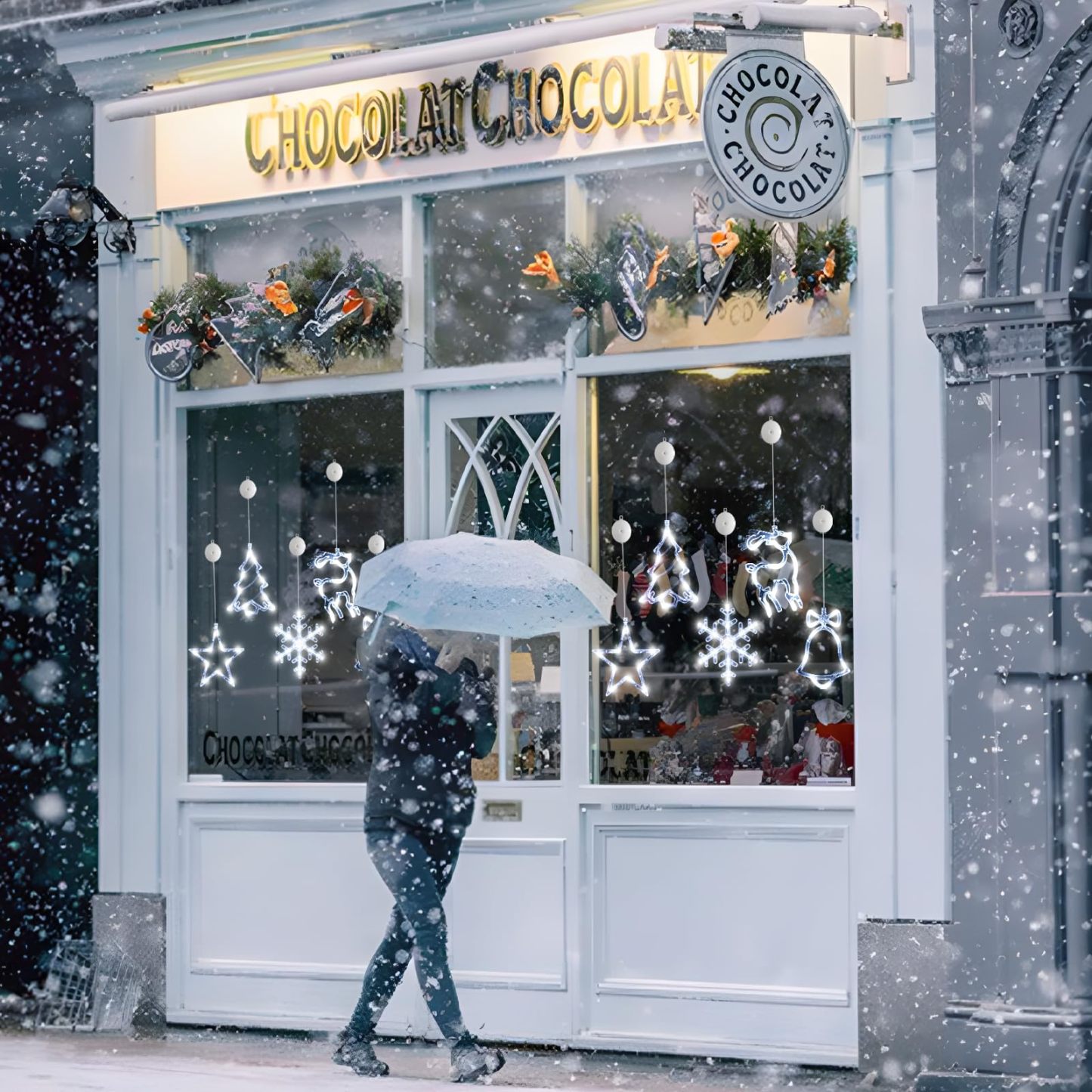 🎅5 bucăți de decorațiuni pentru fereastră de Crăciun, agățat cu baterii de Crăciun, fulg de zăpadă iluminat alb, stea, clopoței cu LED, pentru decorarea interioară a ferestrei din șemineu pentru pomul de Crăciun