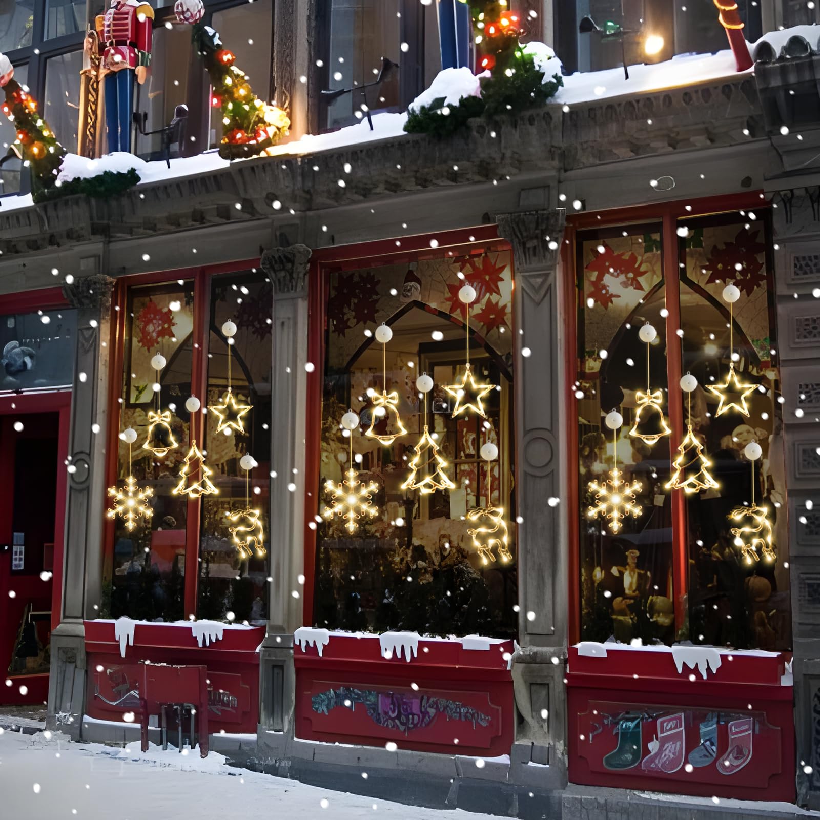 🎅5 bucăți decorațiuni pentru fereastră de Crăciun, agățat de Crăciun alimentat cu baterie, fulg de zăpadă, cu lumină albă, stea, clopoței, LED, pentru decorarea interioară a șemineului pentru pomul de Crăciun