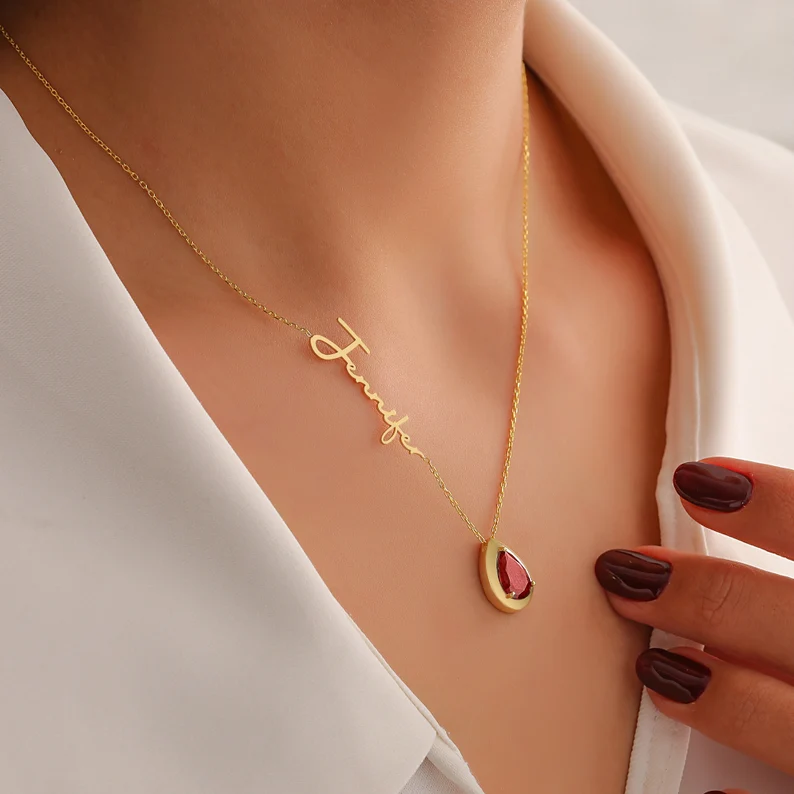 Piatra de nastere minimalista lucrata manual, colier personalizat din aur de 14k cu nume si piatra de nastere, cadou de Ziua Mamei pentru ea, bijuterii din piatra de nastere pentru femei