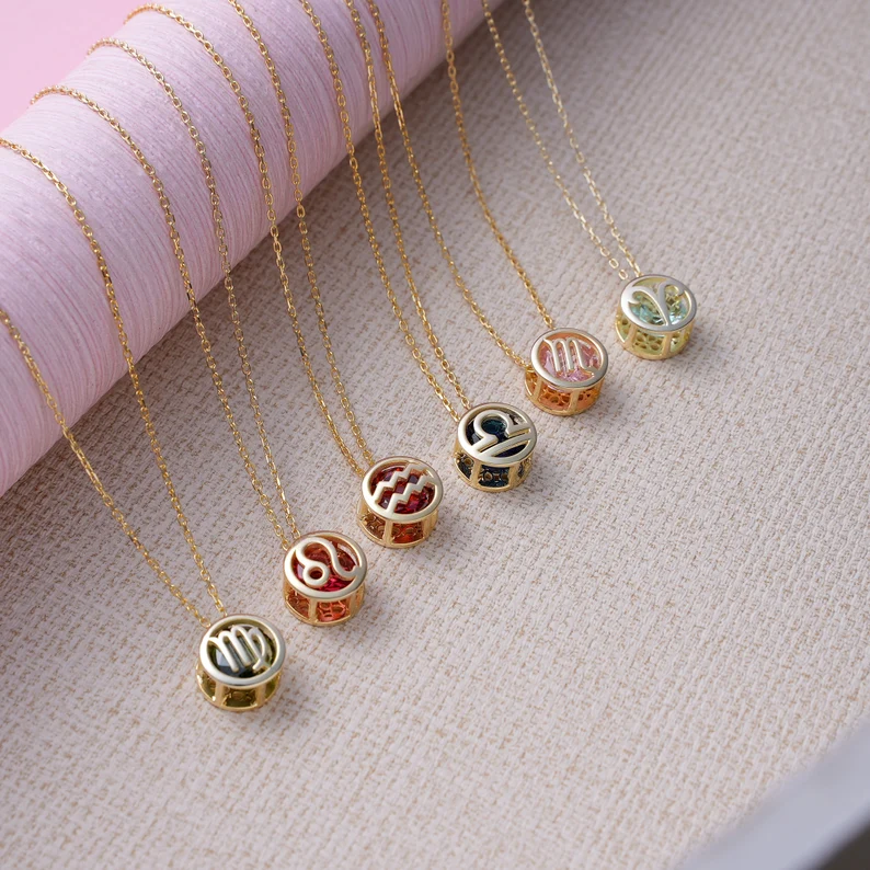 🌟🌈 Colier zodiac exclusiv din aur de 18k cu piatră unică de naștere✨🎁 (unisex)