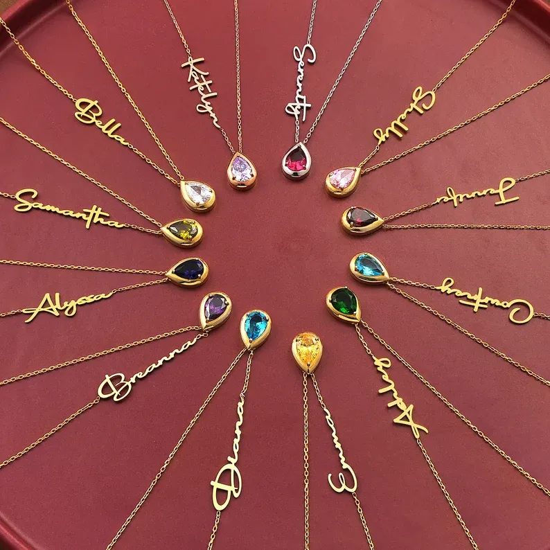 Piatra de nastere minimalista lucrata manual, colier personalizat din aur de 14k cu nume si piatra de nastere, cadou de Ziua Mamei pentru ea, bijuterii din piatra de nastere pentru femei