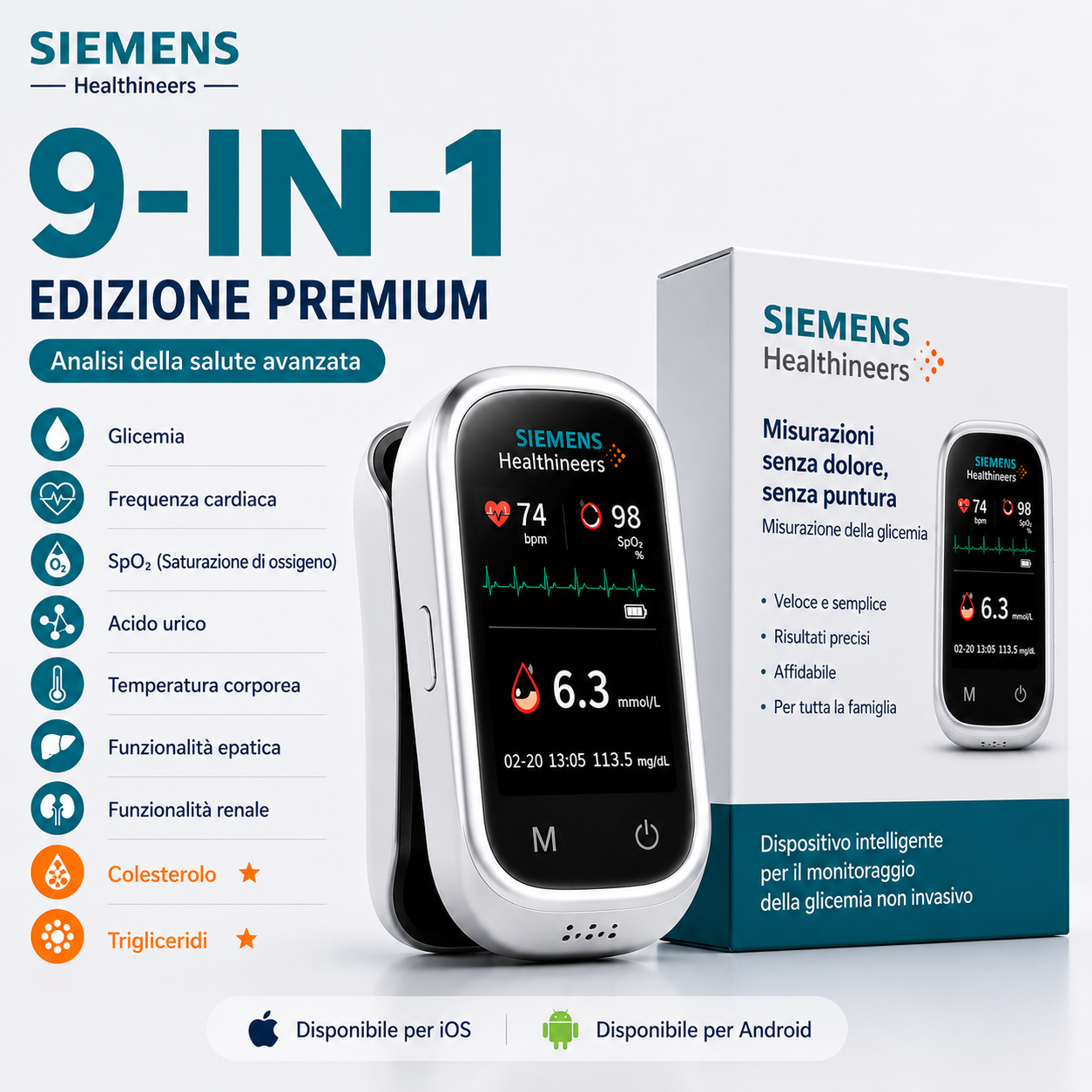 🩸 Siemens™ 11 az 1-ben szúrásmentes vércukormérő Szúrás nélkül • Tesztcsíkok nélkül • Eredmény mindössze 5 másodperc alatt