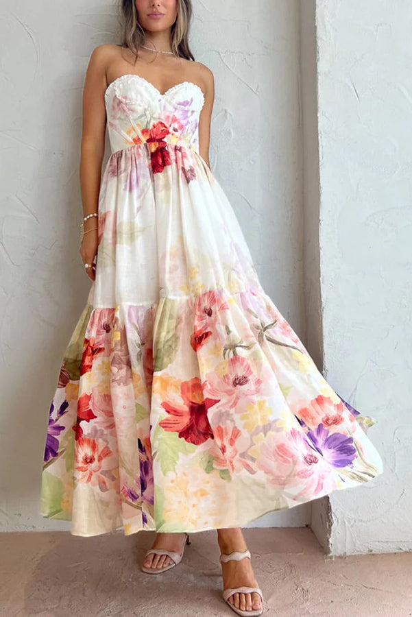 Romantické dátum kvetinové volánik Detail Pocketed korzet Maxi formálne / dovolenka šaty