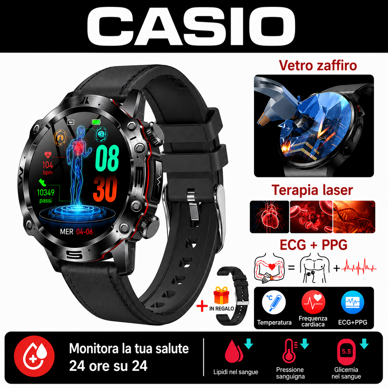 CASIO Smartwatch AMOLED – Monitoraggio della glicemia, chiamate Bluetooth, oltre 100 modalità sportive