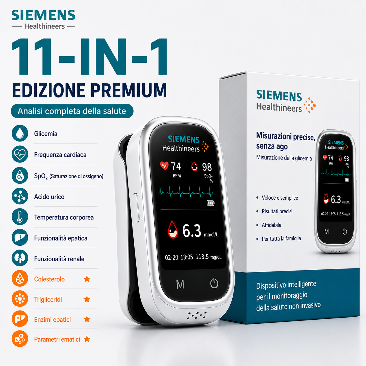 🩸 Siemens™ 11 az 1-ben szúrásmentes vércukormérő Szúrás nélkül • Tesztcsíkok nélkül • Eredmény mindössze 5 másodperc alatt