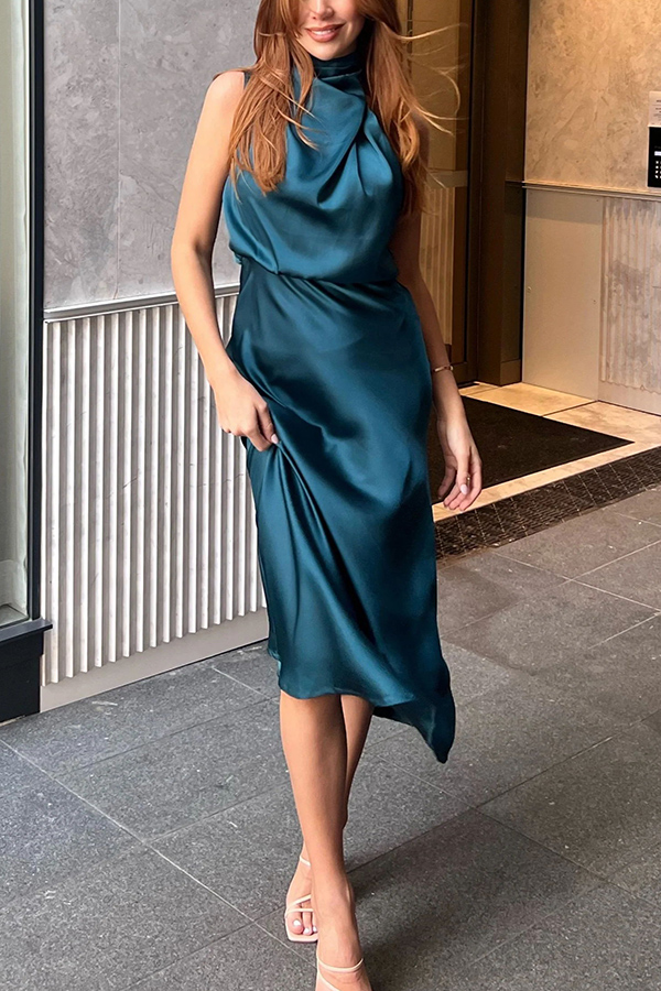 Perfectly Yours Saténové šaty s vysokým výstrihom a elastickým pásom
