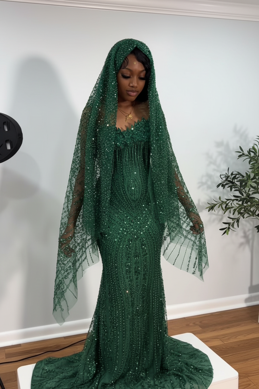 The Ruby Heiress - 2026 Hand-Beaded Crimson Mermaid Gown with Matching Crystal-Encrusted Hooded Veil-LLELLA