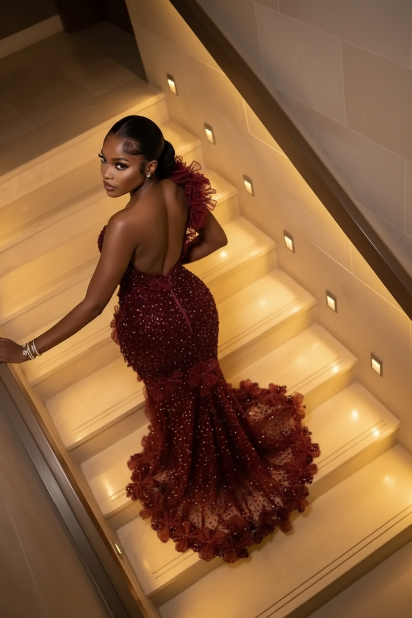 The Bordeaux Bloom - 2026 One-Shoulder Sequin Mermaid Gown: 3D Floral Appliqués & Crushed Garnet Beadwork-LLELLA