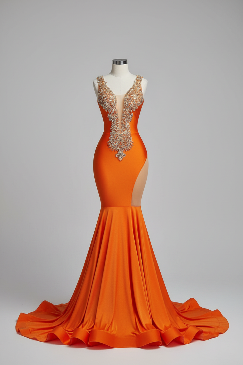 LLELLA Orange Long Sleeves Prom Dress Mermaid With Beads