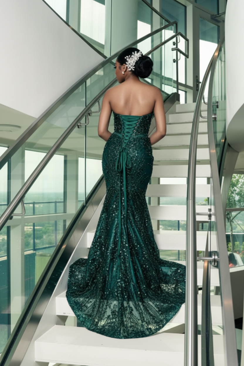 One shoulder Dark green Mermaid Sparkle Floor length Prom Dresses-LLELLA