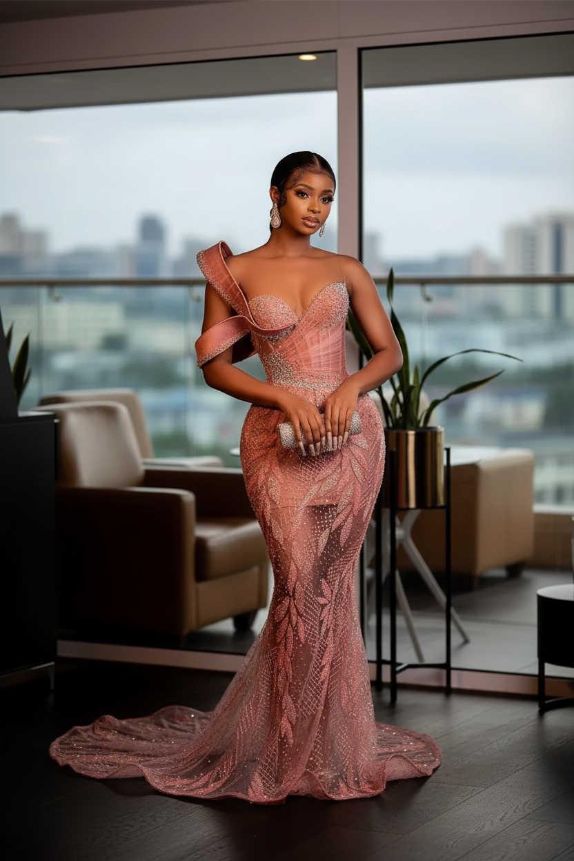 Charming One Shoulder Mermaid Prom Dress Glitter Sequins Pearl Sweetheart Evening Dress