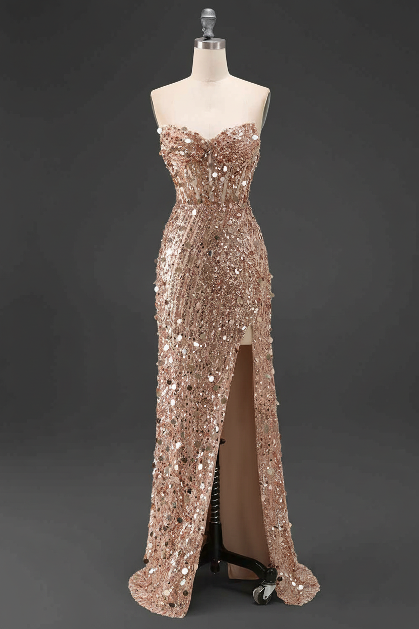 Sparkly Gold Fully Beaded Prom Dress with Deep V Neck Slit and Open Back-LLELLA