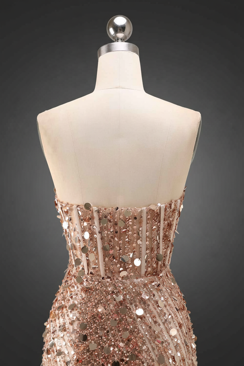 Sparkly Gold Fully Beaded Prom Dress with Deep V Neck Slit and Open Back-LLELLA