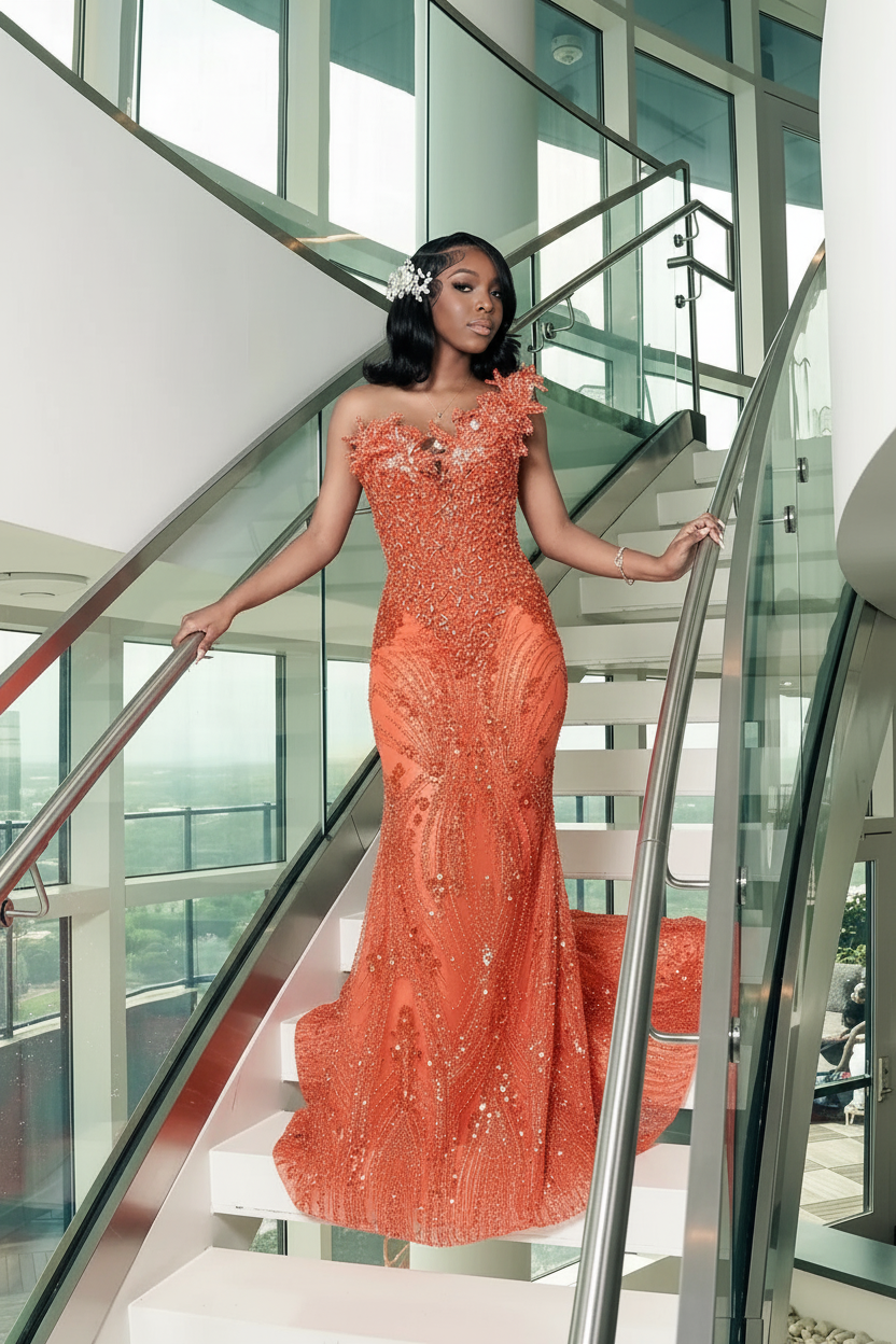 One shoulder Dark green Mermaid Sparkle Floor length Prom Dresses-LLELLA