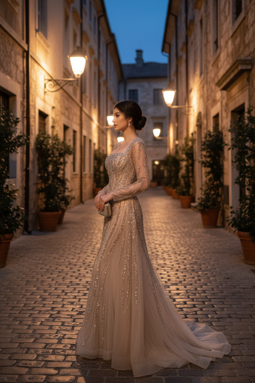 Square Neck Long Sleeves Long Mermaid Prom Dress With Beading Tulle-LLELLA