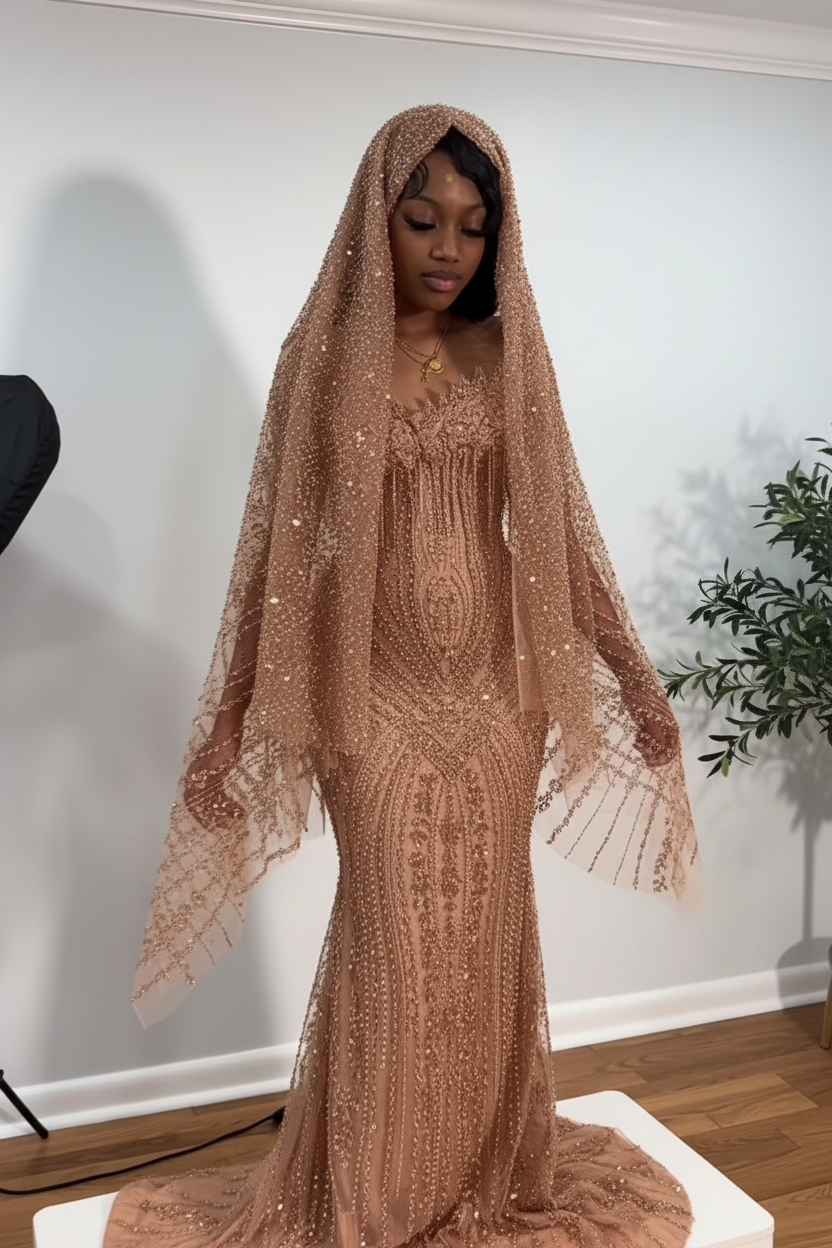 The Ruby Heiress - 2026 Hand-Beaded Crimson Mermaid Gown with Matching Crystal-Encrusted Hooded Veil-LLELLA