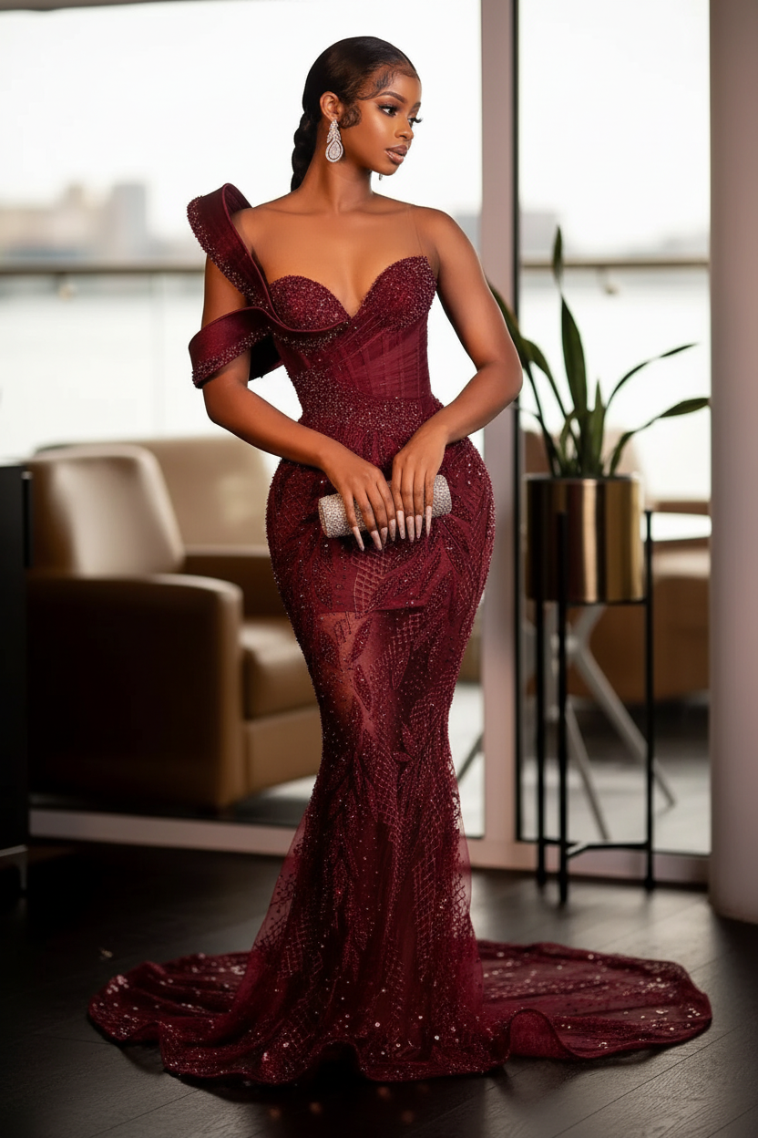 Charming One Shoulder Mermaid Prom Dress Glitter Sequins Pearl Sweetheart Evening Dress