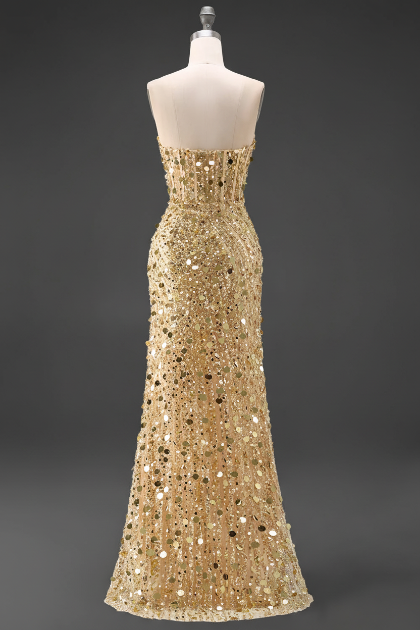Sparkly Gold Fully Beaded Prom Dress with Deep V Neck Slit and Open Back-LLELLA