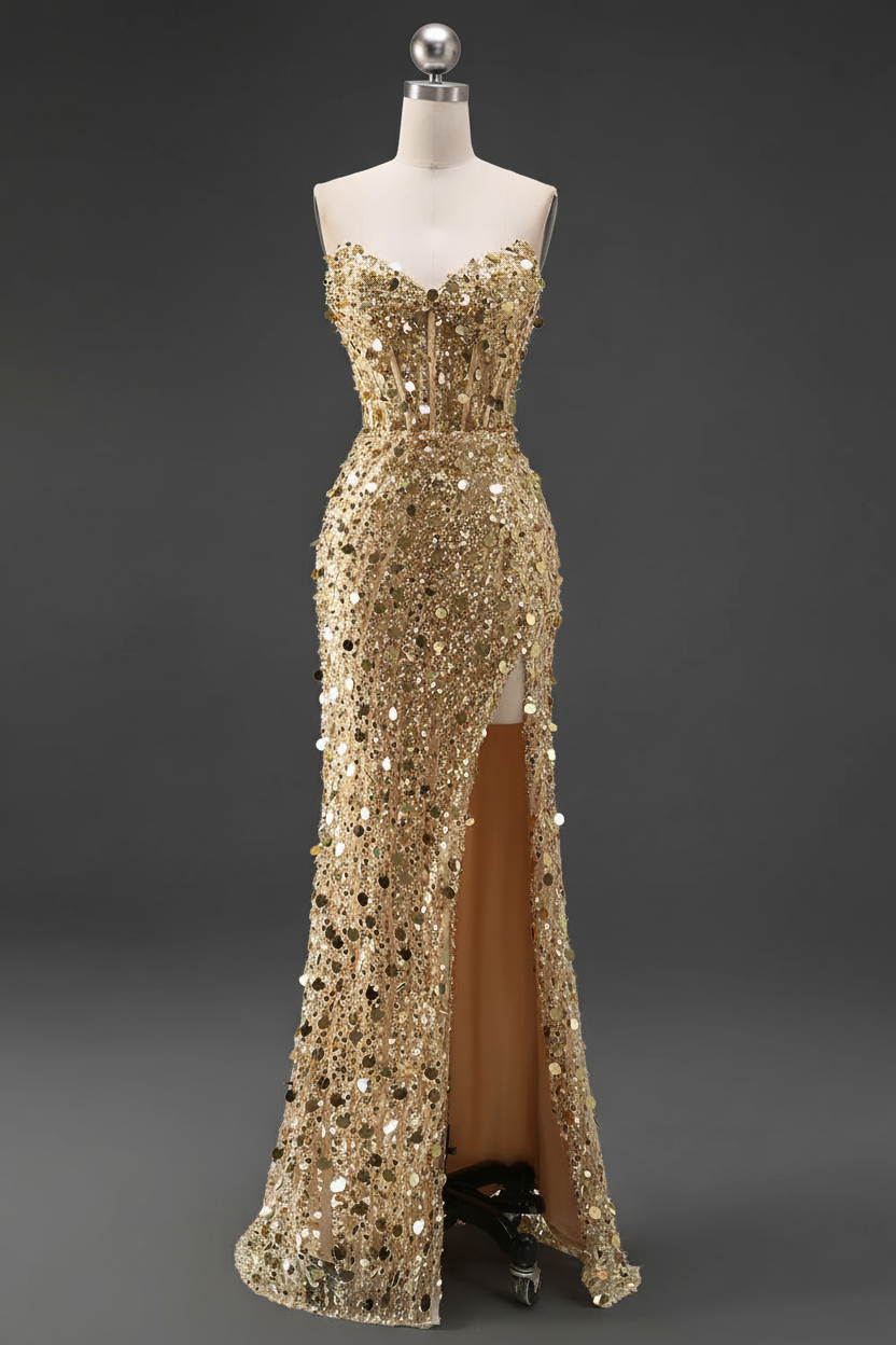 Sparkly Gold Fully Beaded Prom Dress with Deep V Neck Slit and Open Back-LLELLA