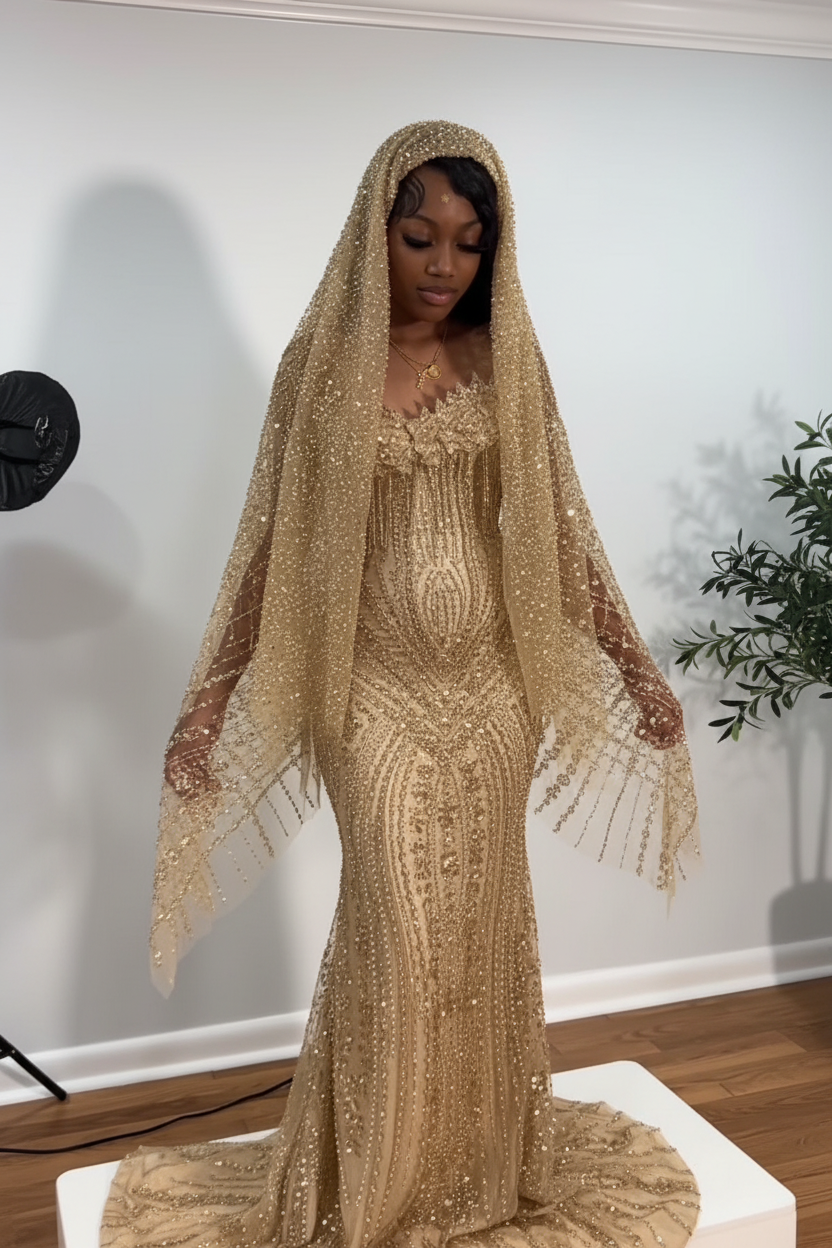 The Ruby Heiress - 2026 Hand-Beaded Crimson Mermaid Gown with Matching Crystal-Encrusted Hooded Veil-LLELLA