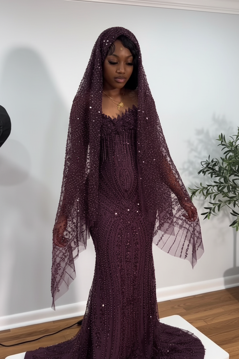 The Ruby Heiress - 2026 Hand-Beaded Crimson Mermaid Gown with Matching Crystal-Encrusted Hooded Veil-LLELLA