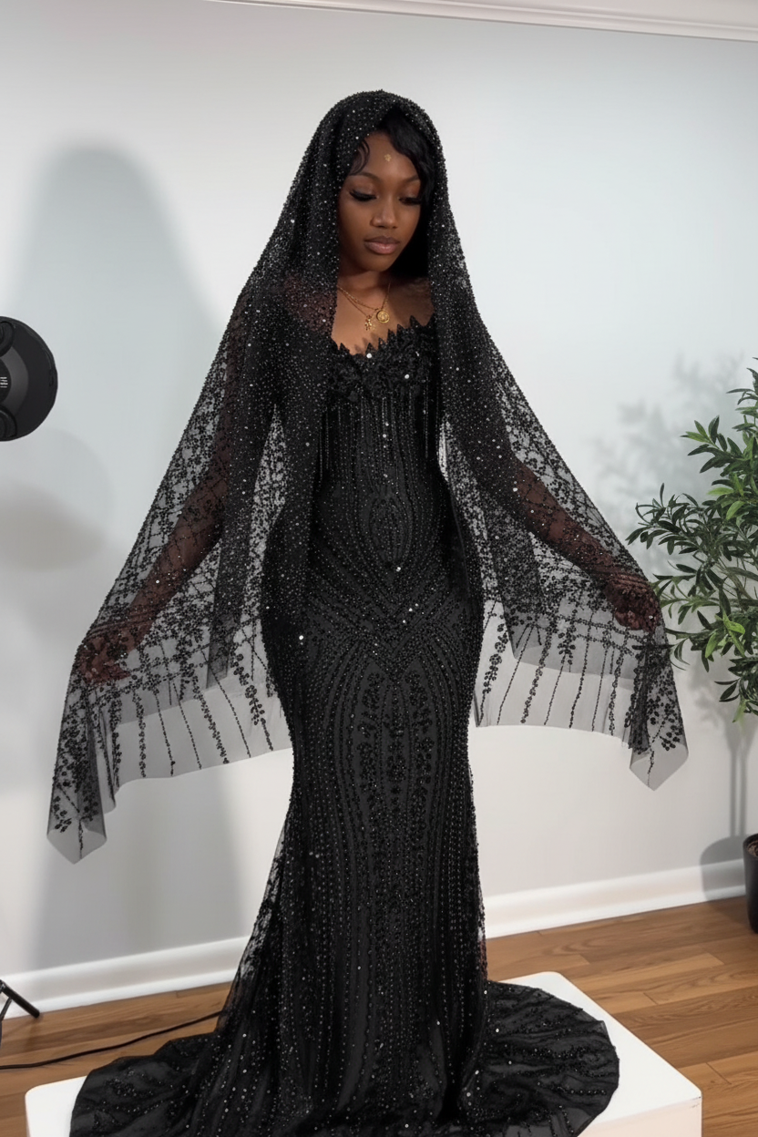 The Ruby Heiress - 2026 Hand-Beaded Crimson Mermaid Gown with Matching Crystal-Encrusted Hooded Veil-LLELLA
