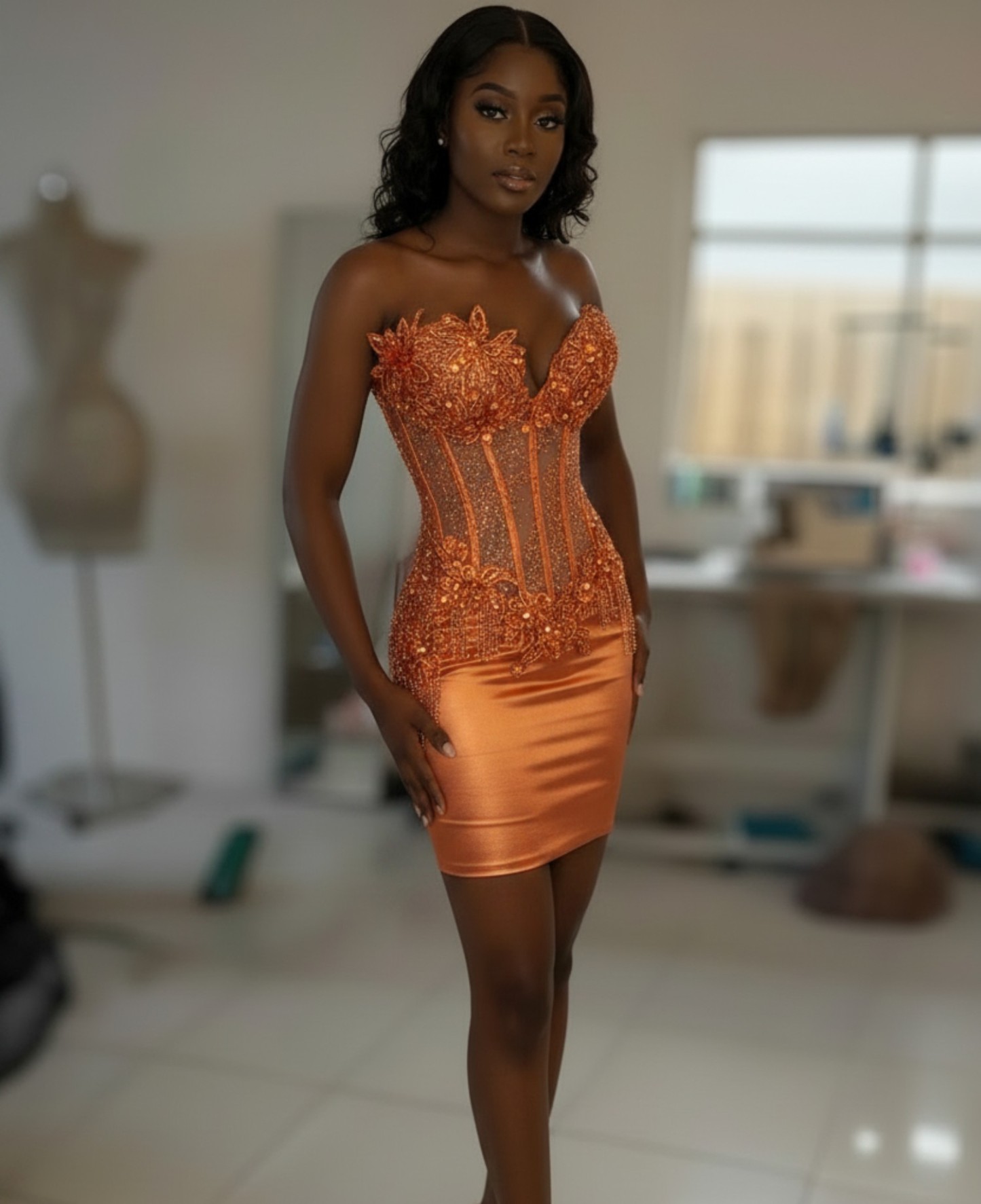 Dusty Pink Crystal Beaded 3D Floral Corset Homecoming Dress | HC009