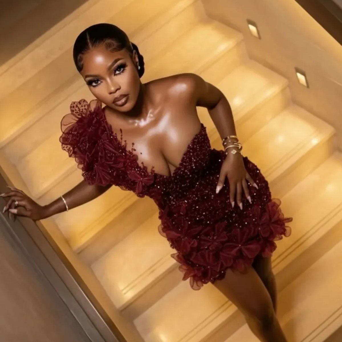 Burgundy One-Shoulder 3D Ruffle Sequin Short Prom Dress | HC121 | LLELLA