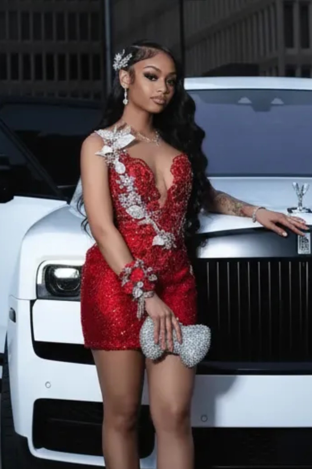 Scarlet Empress Red Sequin Homecoming Dress with 3D Silver Lace Appliqués