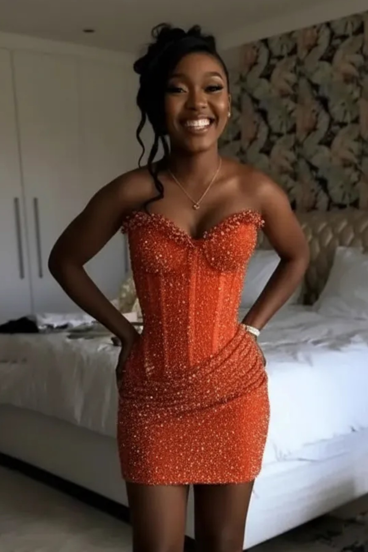 Burnt Orange Crystal Beaded Strapless Corset Short Prom Dress | HC008 | LLELLA