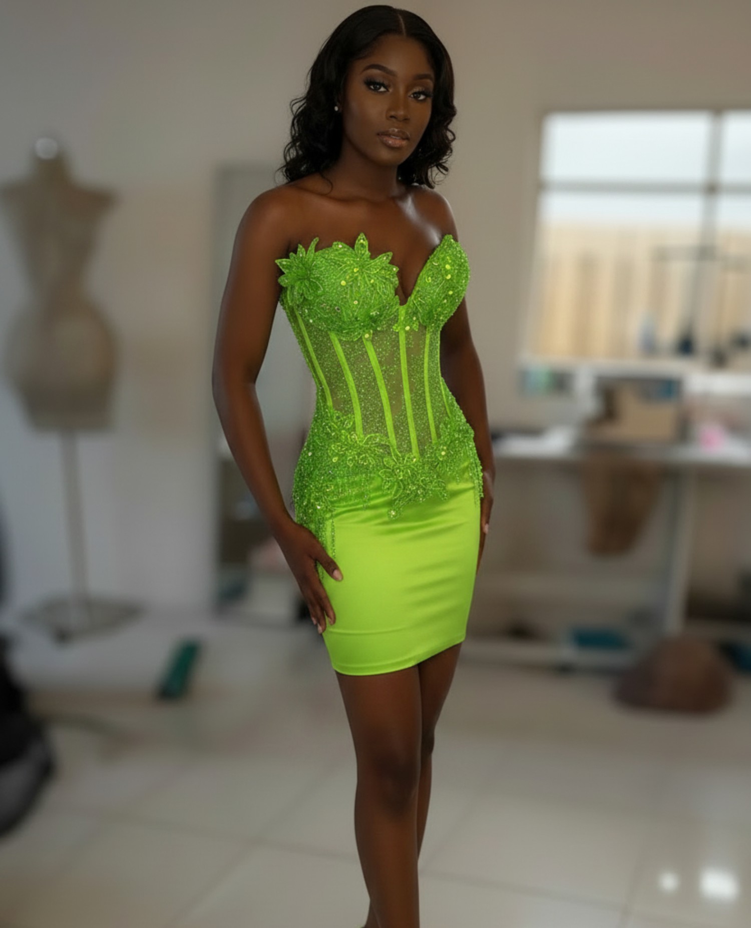 Dusty Pink Crystal Beaded 3D Floral Corset Homecoming Dress | HC009