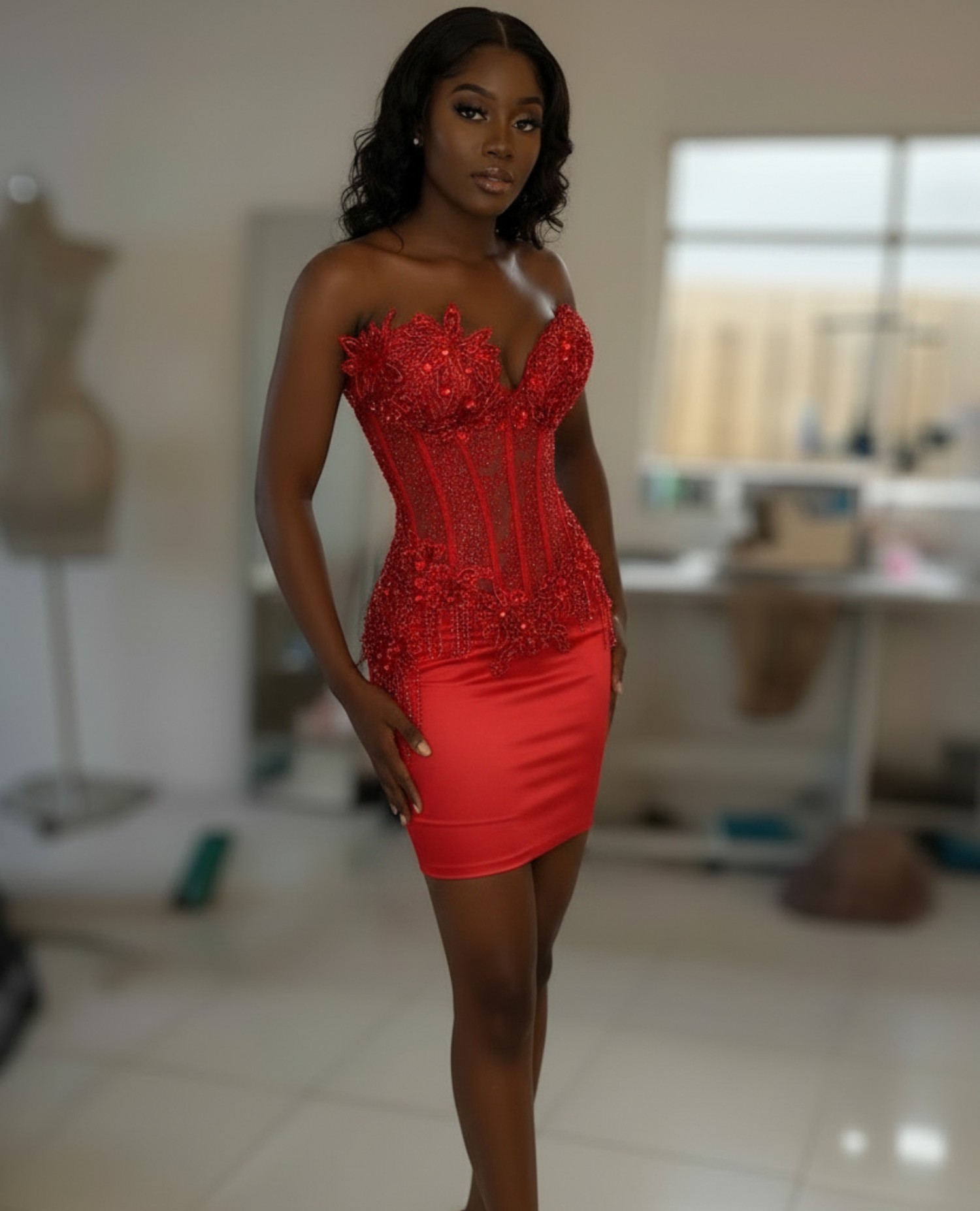 Dusty Pink Crystal Beaded 3D Floral Corset Homecoming Dress | HC009