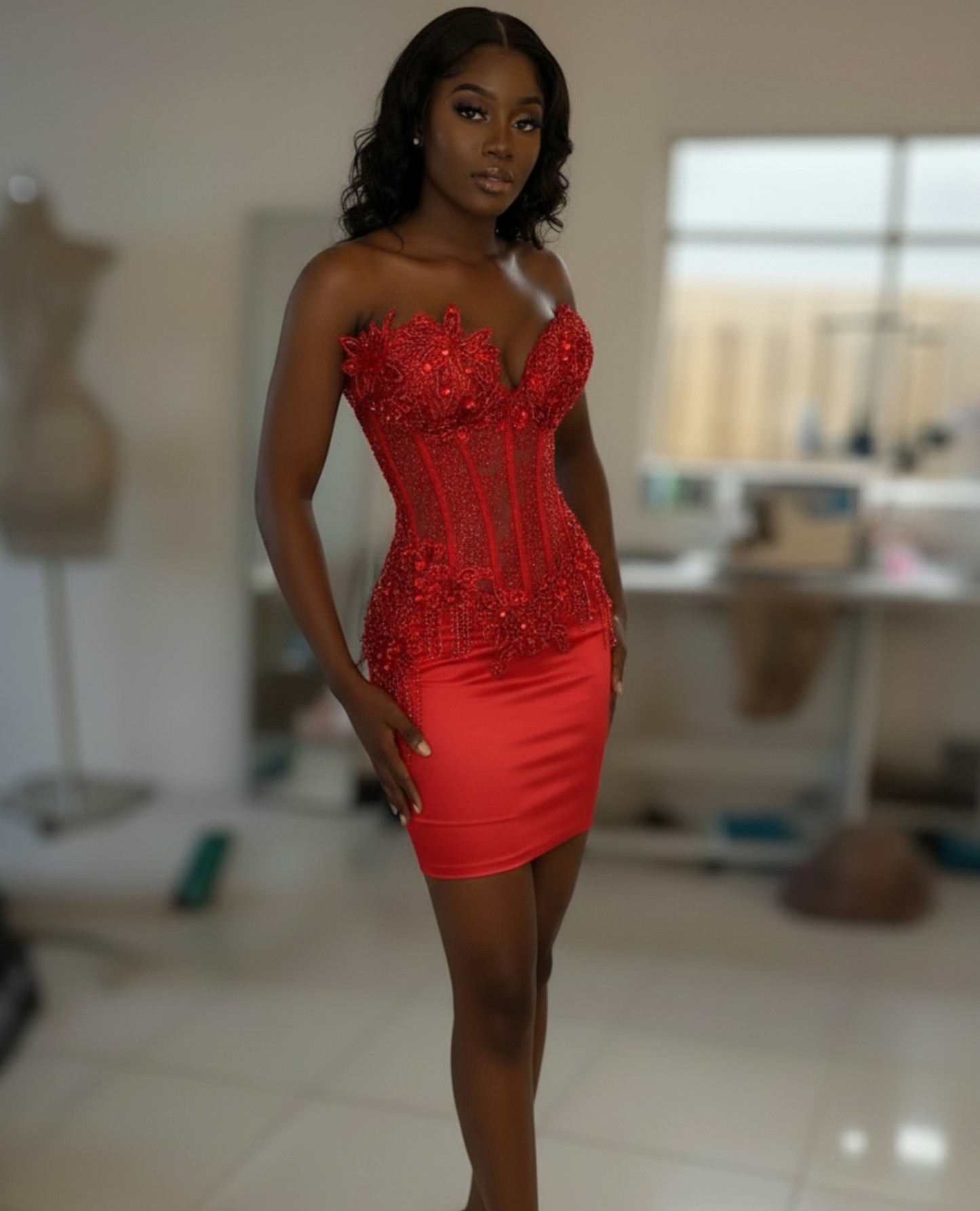 Dusty Pink Crystal Beaded 3D Floral Corset Homecoming Dress | HC009