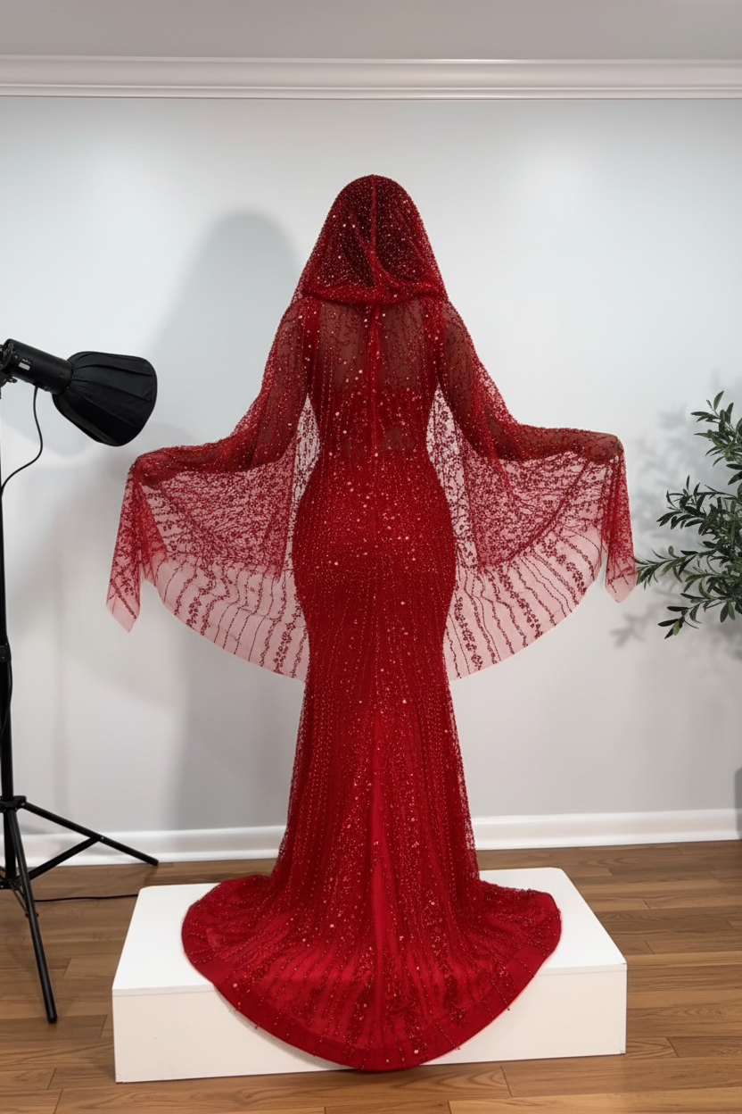 The Ruby Heiress - 2026 Hand-Beaded Crimson Mermaid Gown with Matching Crystal-Encrusted Hooded Veil