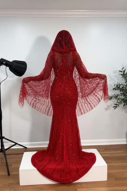 The Ruby Heiress - 2026 Hand-Beaded Crimson Mermaid Gown with Matching Crystal-Encrusted Hooded Veil