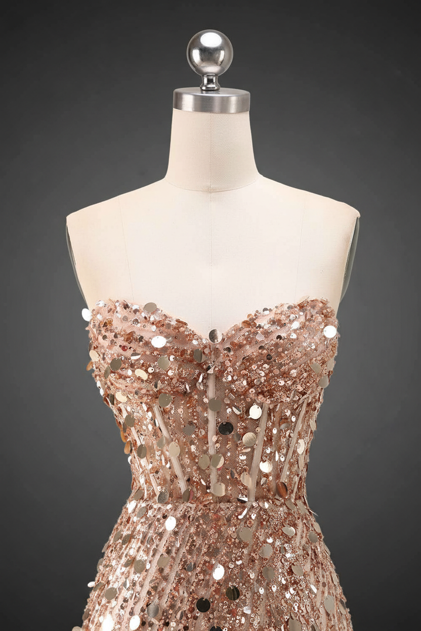 Sparkly Gold Fully Beaded Prom Dress with Deep V Neck Slit and Open Back-LLELLA