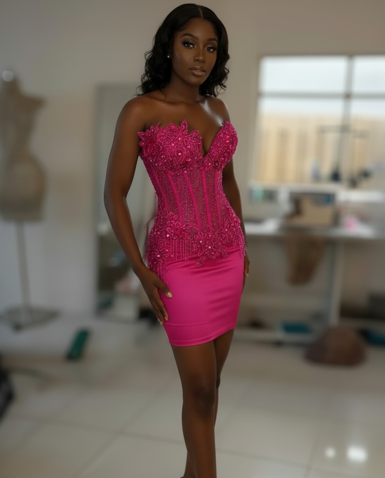 Dusty Pink Crystal Beaded 3D Floral Corset Homecoming Dress | HC009